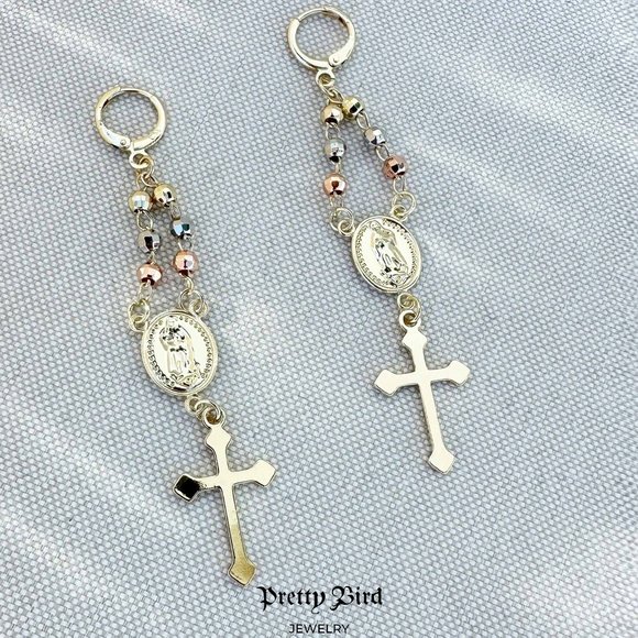 Pretty Bird Jewelry Jewelry - 18K Yellow Gold Plated Tri Color Cross Madonna Dangle Earrings